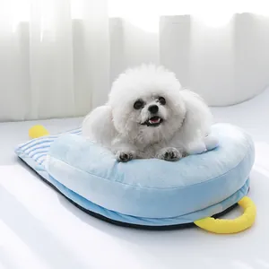 Soft portable blue plush pet bed for small dogs and cats with integrated bolster