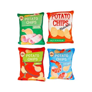 Set of four colorful plush squeaky dog toys shaped like mini potato chip bags