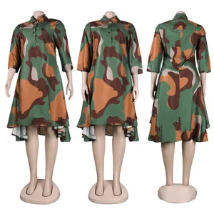 Detail view of camouflage print high-low midi dress with shirt collar and buttons