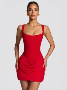 Elegant women's red sleeveless bodycon mini dress with stylish draped corset waist
