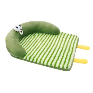 Green cartoon pet sleeping mat with striped plush cushion for cats and dogs
