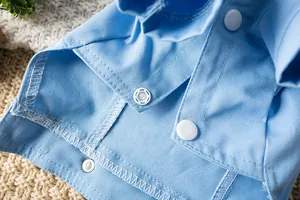 Gros plan d'une veste en jean bleu clair pour animaux avec boutons-pression blancs et texture
