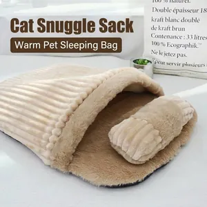 Cozy warm plush pet sleeping bag for cats and dogs with removable pillow in beige color