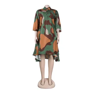 Detail of women's camouflage print dress featuring lapel collar and high-low hemline
