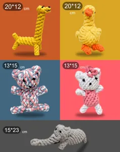 Woven rope dog chew toys in giraffe duck bear and elephant shapes with dimensions