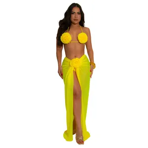 Full view of sexy yellow 3-piece bikini set with 3D flower details and mesh skirt