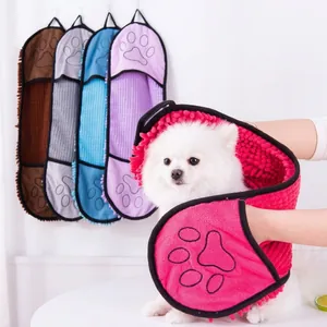 Toalla de Baño de Chenilla para Mascotas Muy Absorbente Secado Rápido Estilo Guante Microfibra con Huella Bordada para Perros Gatos