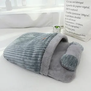 Cozy grey plush pet sleeping bag with corduroy texture and warm inner fleece for winter
