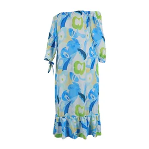 Blue and green abstract floral print off-the-shoulder midi dress with a ruffle hemline