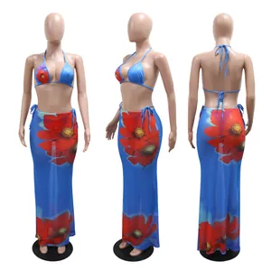 Multi-angle views of blue floral 3-piece bikini set featuring mesh long sarong skirt
