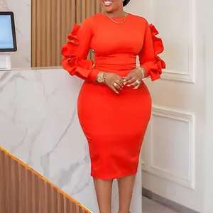 Full view of elegant orange-red bodycon dress with ruffled sleeves shown on model