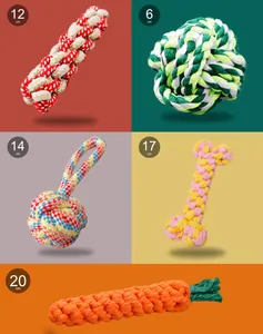 Selection of colorful woven cotton rope dog chew toys in various shapes and sizes
