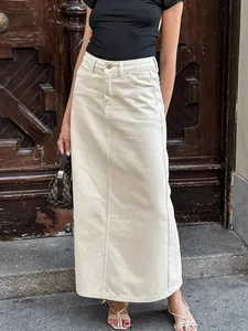 Chic beige high-waist straight denim maxi skirt with split detail for French style.