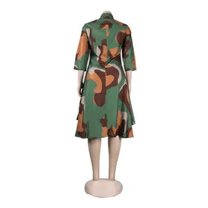 Back view of slim fit camouflage print dress with turnover collar and flared skirt