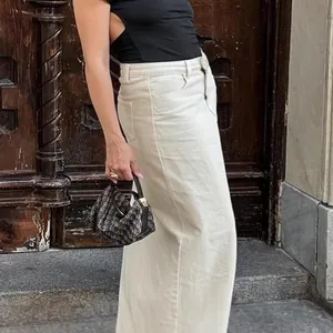 Minimalist beige high waist straight denim midi skirt for women elegant french style