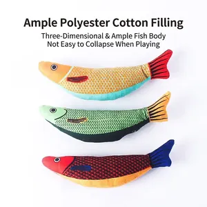 Set of three realistic linen fish cat toys with soft polyester filling for indoor cats