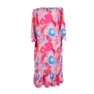 Frontal full view of a floral off-shoulder dress with long sleeves and ruffled hemline.