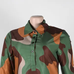 Close-up detail of a slim-fit camouflage lapel dress with stylish button collar