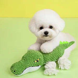 Langlebiges grünes Dinosaurier-Plüschhundespielzeug mit Baumwollseil für Kauspaß