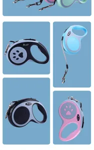 Detailed collage of 5M automatic retractable dog leashes in blue black and pink