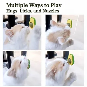 Interactive avocado shaped catnip ball toy for cats showing diverse licking and playing