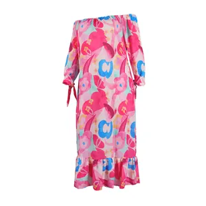 Elegant off-the-shoulder floral print maxi dress featuring ruffle hem and cute sleeve ties