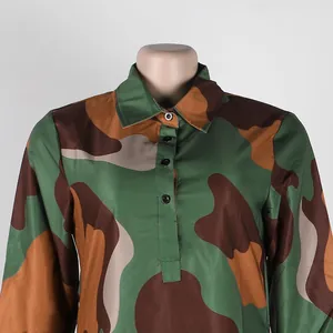 Close-up of camouflage print dress showing collar and button-down front details