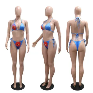 Three-angle view of blue floral print bikini set on female mannequin