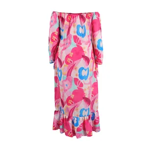Off-the-shoulder floral maxi dress with vibrant pink and blue patterns and ruffled hem.