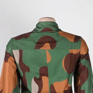 Detailed back view showing the camo print pattern of a slim-fit lapel collar dress.
