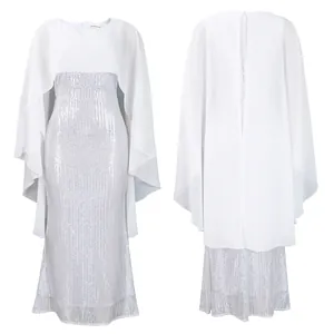 Detailansicht der Vorder- und Rückseite eines weißen Pailletten-Abendkleids mit Chiffon-Cape.