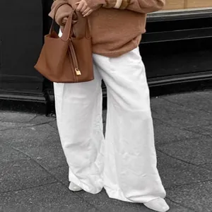 Stylish casual white wide-leg linen trousers for women with high-waisted street style design