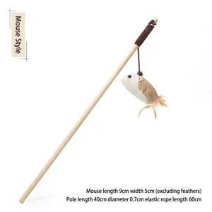 Baguette de jeu interactive pour chat en bois avec souris en toile de jute et plumes