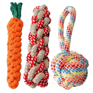 Durable set of 3 cotton rope dog chew toys featuring carrot and ball shapes for teething