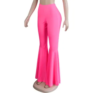 Pantalones de campana rosa neón ajustados con dobladillo de volantes para discoteca