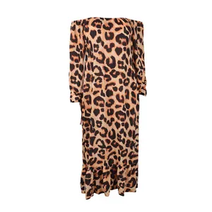 Detailed view of sexy off-shoulder leopard print dress with ruffled hem detail