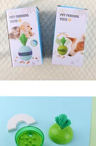 Detailed view of cactus-shaped tumbler pet toy and its colorful retail packaging.