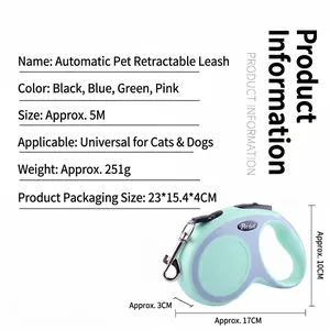 Green 5M automatic retractable dog leash with measurement details for small medium dogs