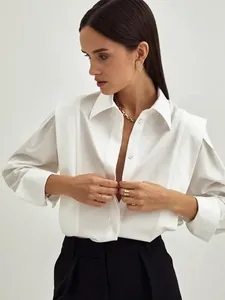 Elegant white cotton French style shirt with unique shoulder pleats for women