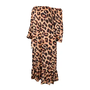 Fashionable leopard print off-the-shoulder maxi dress with long sleeves and ruffled hem