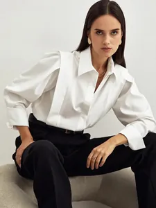 Elegant white cotton pleated shoulder French blouse for professional autumn office wear