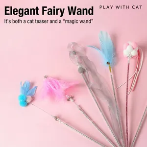 Elegant fairy-themed cat teaser wands featuring feathers, bells, and sparkly long rods