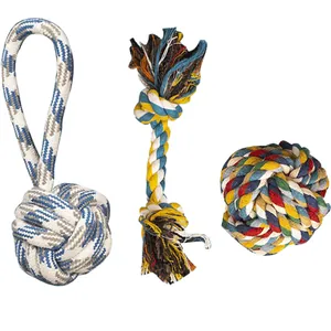 Durable cotton rope dog toy set with woven balls and knotted bone for small breed dogs