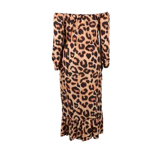 Back view of a sexy leopard print off-shoulder maxi dress with ruffled hem detail