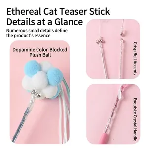 Elegant fairy style cat teaser wand toy with colorful pom-poms, bells, and crystal handle