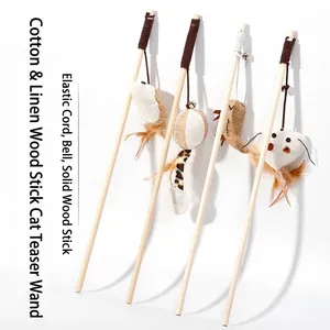 Natural Wood Cat Teaser Wand with Linen Mouse Pumpkin Heart Pendant Feather and Bell Interactive Cat Toy for Indoor Cats
