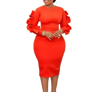 Elegant red plus size midi dress with ruffled long sleeves and a slim bodycon fit