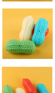 Detailed view of colorful peanut-shaped squeaky toys for dogs on yellow background