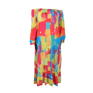 Vibrant abstract print off-the-shoulder maxi dress with long sleeves and ruffle hem.