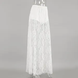 Élégante jupe longue en dentelle blanche transparente avec taille haute et coupe trapèze